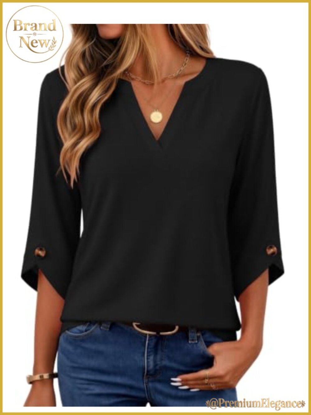 Womens 3/4 Sleeve V-Neck Blouse Casual Dressy Tunic Top